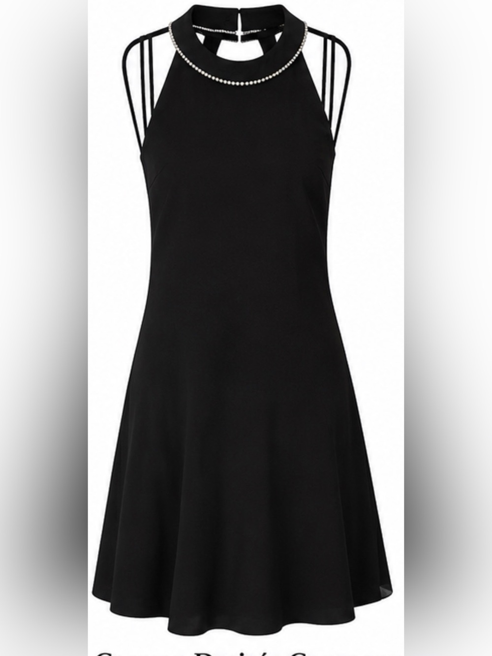 CDC Black Sleeveless A-Line Dress with Pearl Neckline